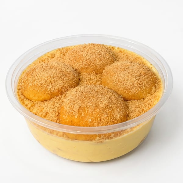 Banana pudding in a clear plastic container, topped with four vanilla wafers and cookie crumbles.