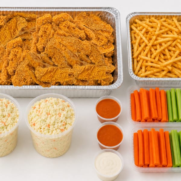 Aluminum trays of fried chicken and fries alongside cups of coleslaw, hot sauce, ranch dressing, and vegetable sticks.