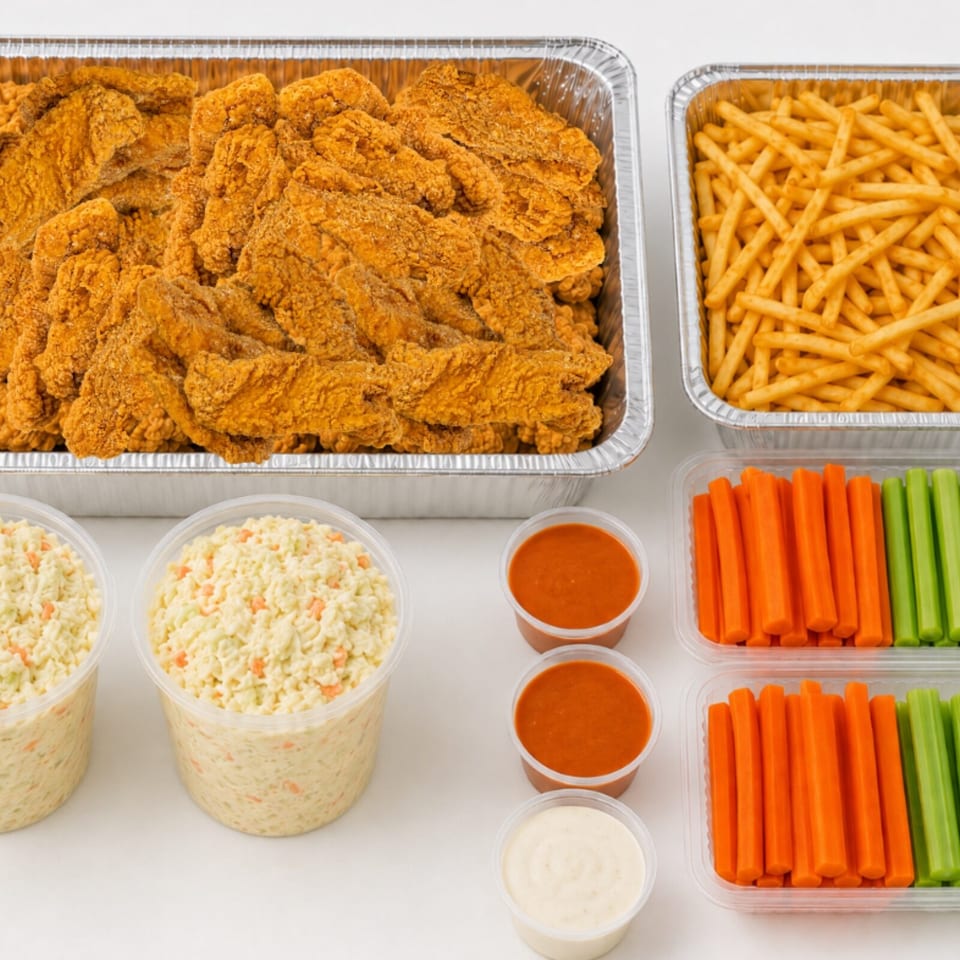 Aluminum trays of fried chicken and fries alongside cups of coleslaw, hot sauce, ranch dressing, and vegetable sticks.