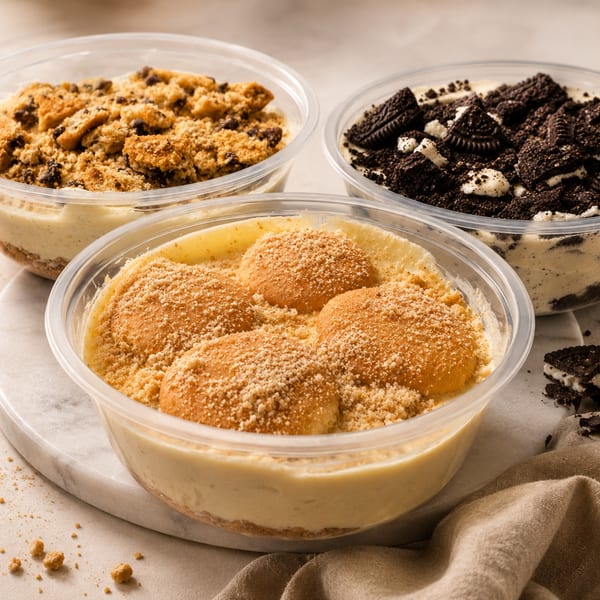 Three tubs of creamy dessert topped with crushed golden cookies, whole sandwich cookies, and cookie crumbs.