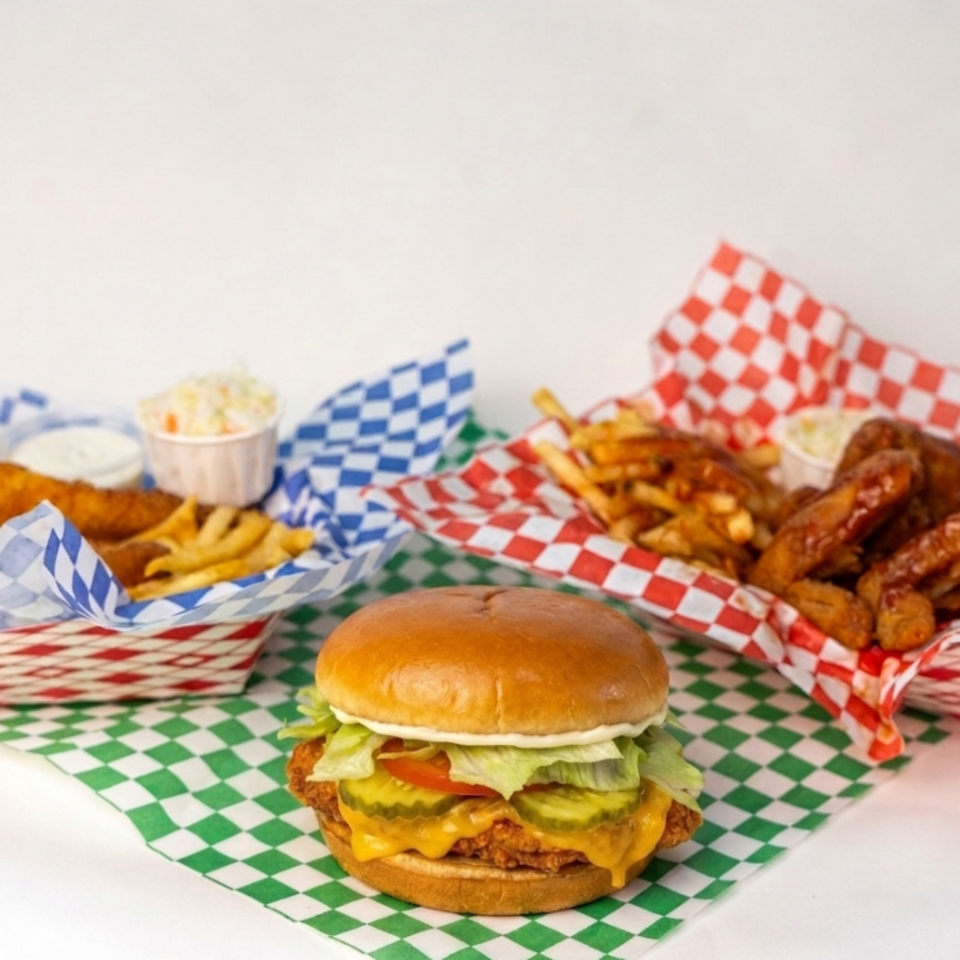 Cheeseburger with lettuce, tomato, pickles, and crispy chicken served alongside fries, wings, dipping sauces, and colorful checkered liners.